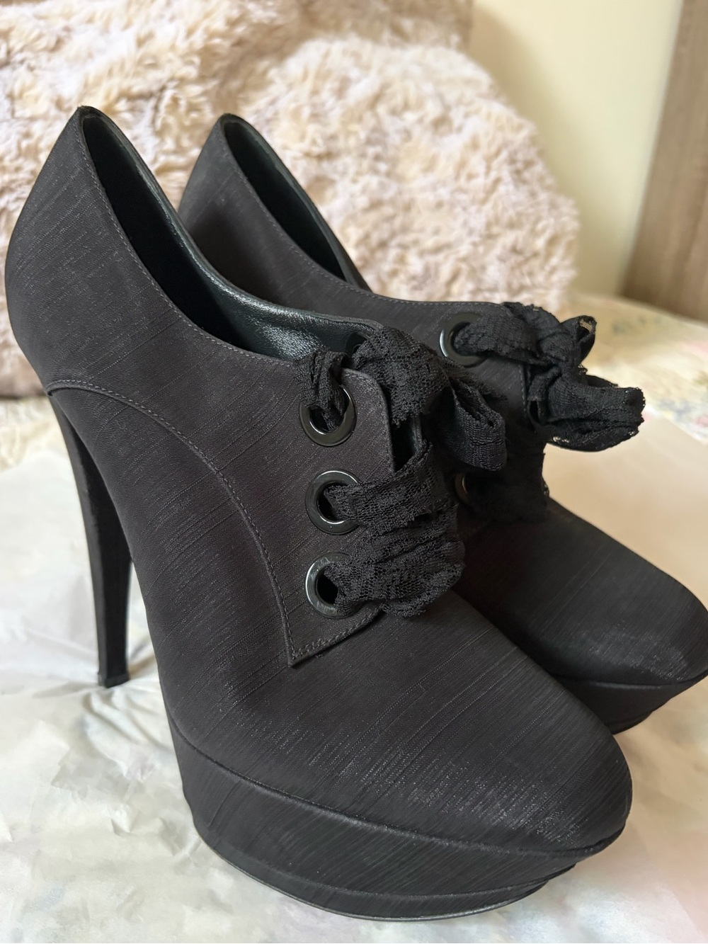 Casadei Black Lace-Up Platform High Heel Pumps